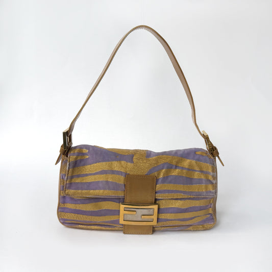 Fendi Gold & Purple Zebra Printed Baguette Shoulder Bag