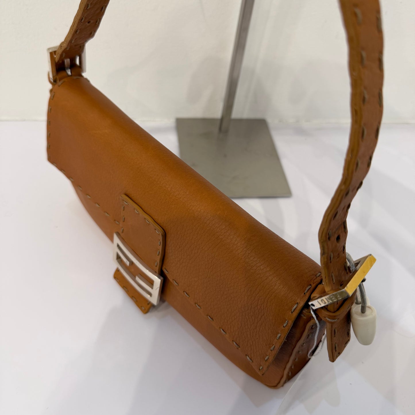 Fendi Brown Selleria Sterling Silver Hardware Baguette Bag