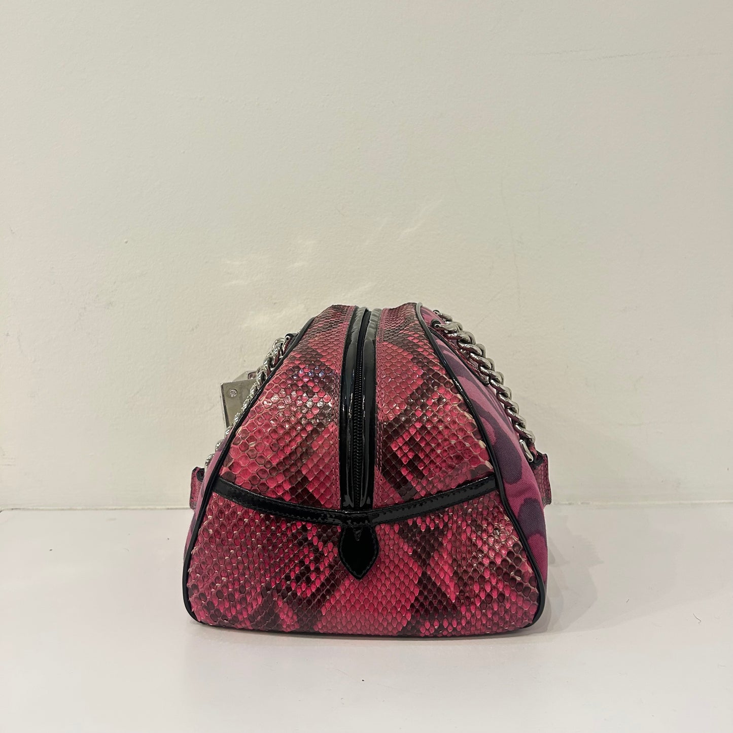 Christian Dior Pink Python Leather & Canvas Cheetah Print Gambler Dice Bowler Bag