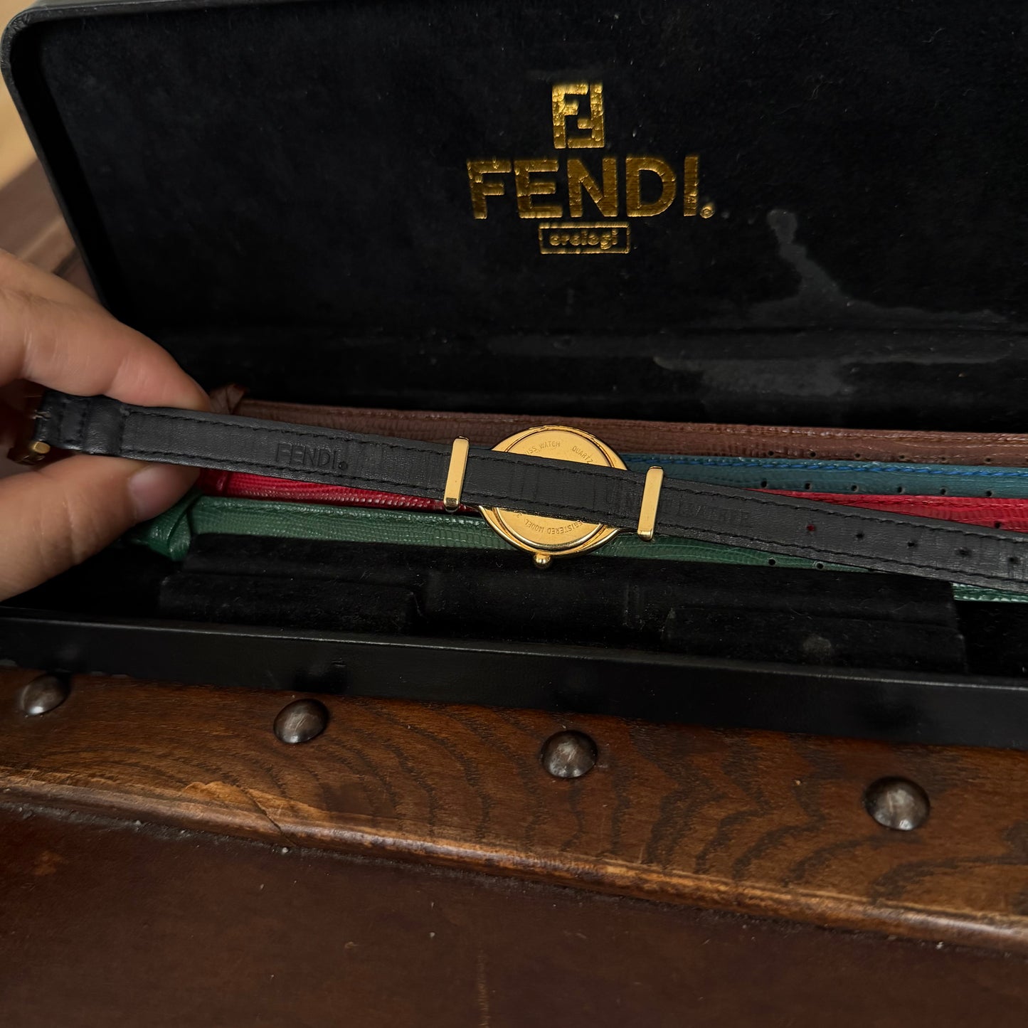 Fendi Mother Of Pearl 18k GP Watch w/ 5 Interchangeable Snake Embossed Leather Straps