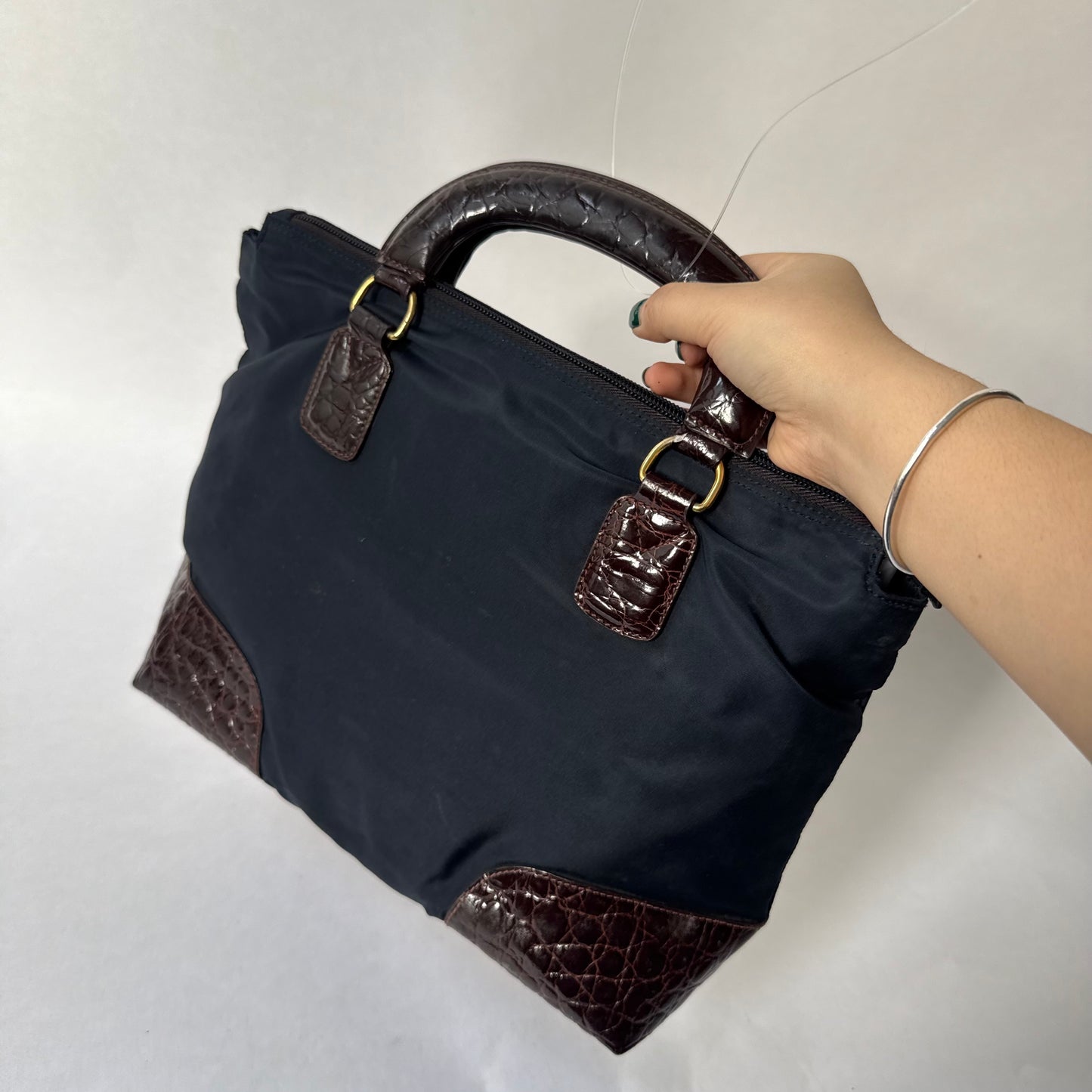 Prada Navy & Brown Nylon & Crocodile Top Handle Bag