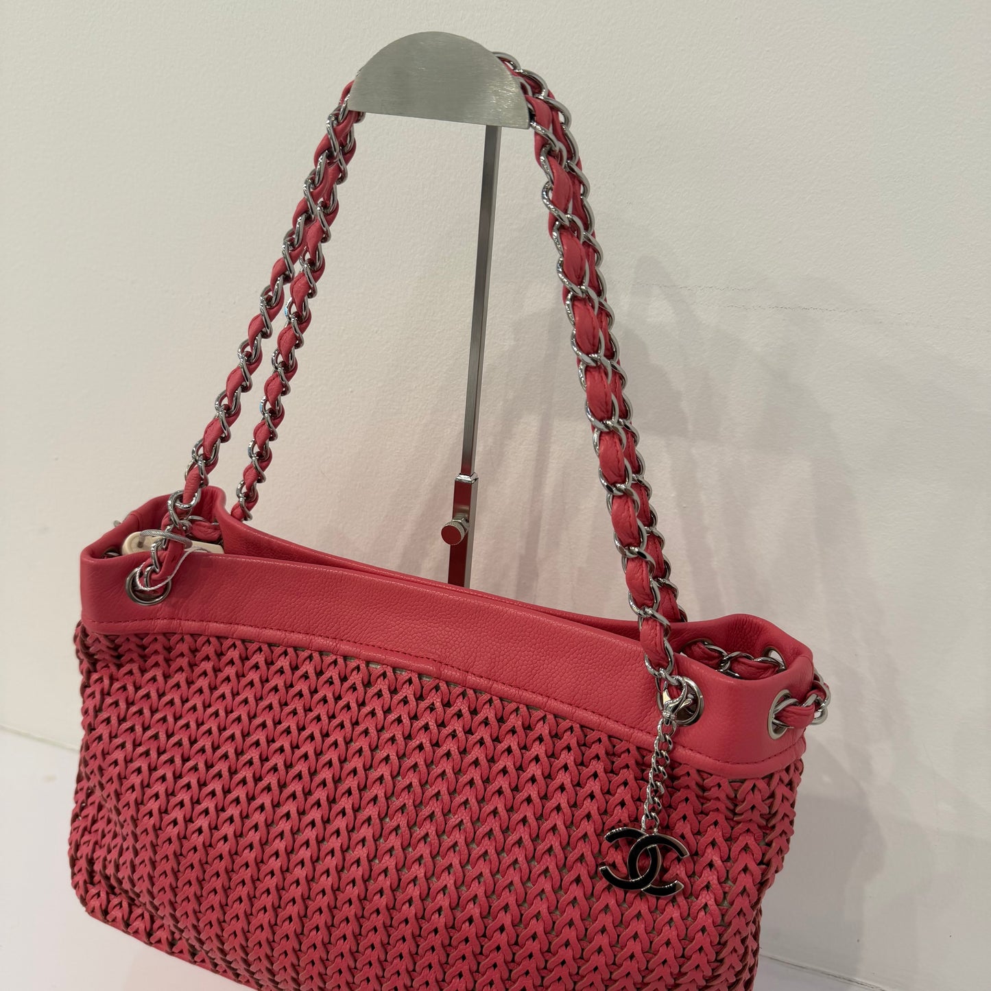 Chanel 2005 Pink Braided Leather Chain Strap Tote Bag