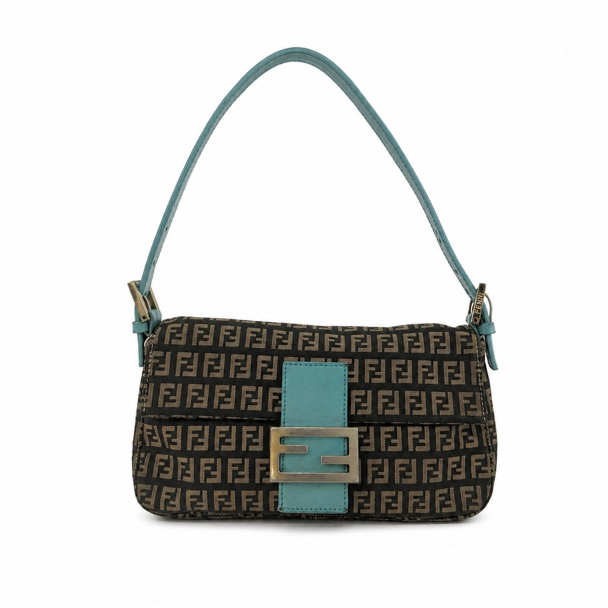 Fendi Black Zucchino Canvas & Teal Leather Baguette Shoulder Bag