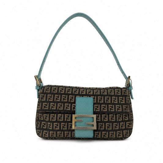 Fendi Black Zucchino Canvas & Teal Leather Baguette Shoulder Bag