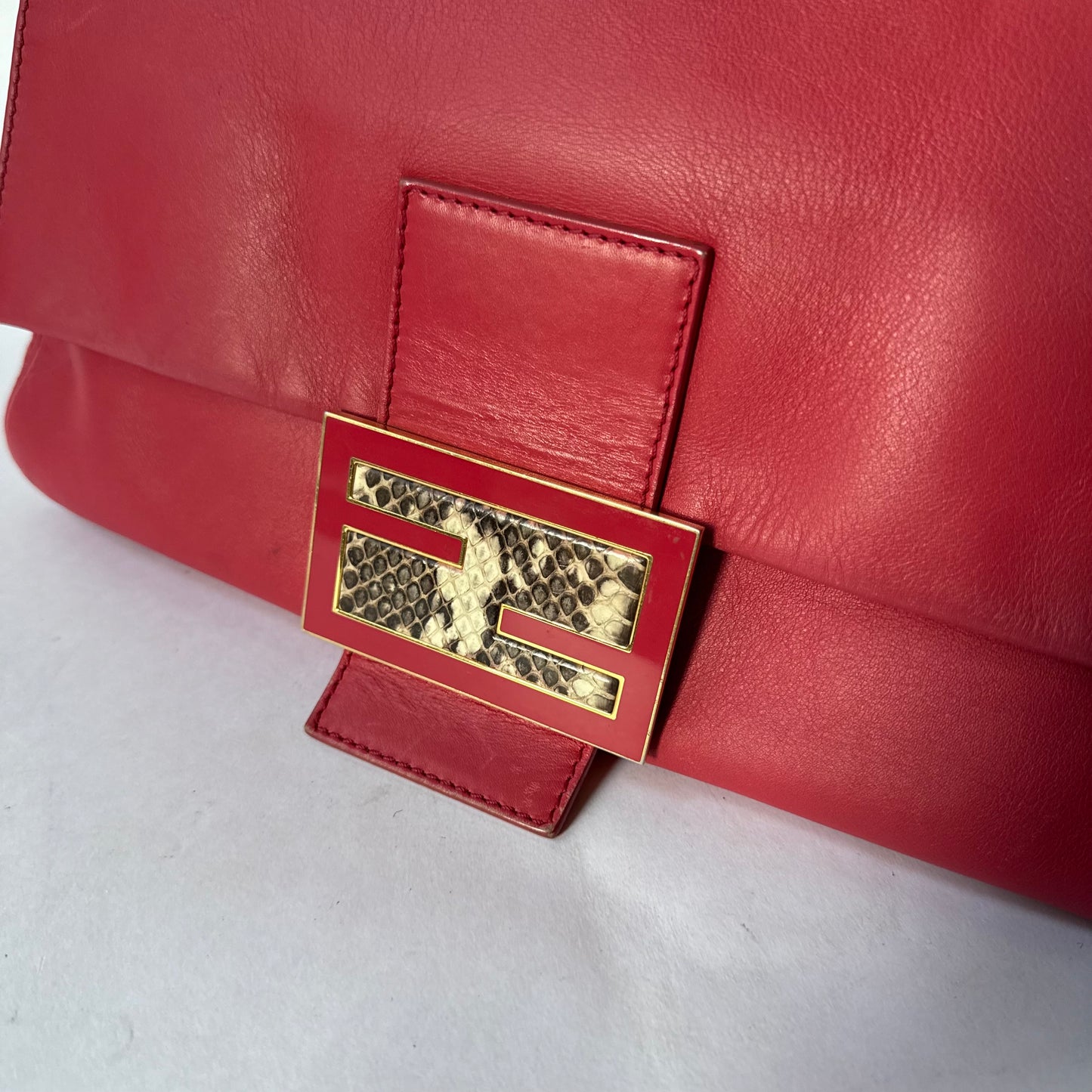 Fendi Red Leather Python Detail Mama Baguette Shoulder Bag
