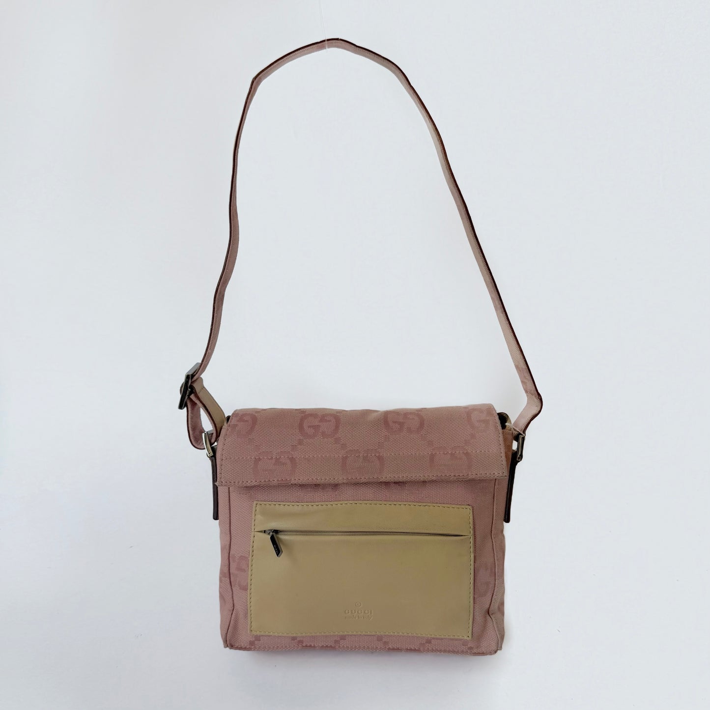Gucci Pink Monogram & Beige Leather Shoulder Bag
