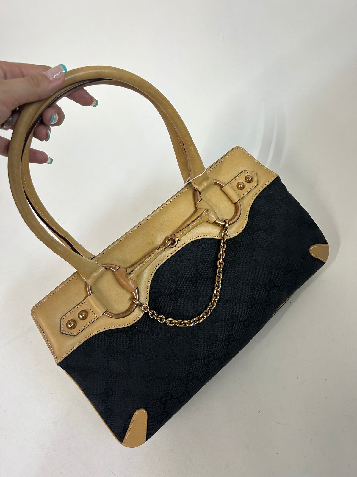 Gucci Black Canvas & Beige Leather Horsebit Tote Bag