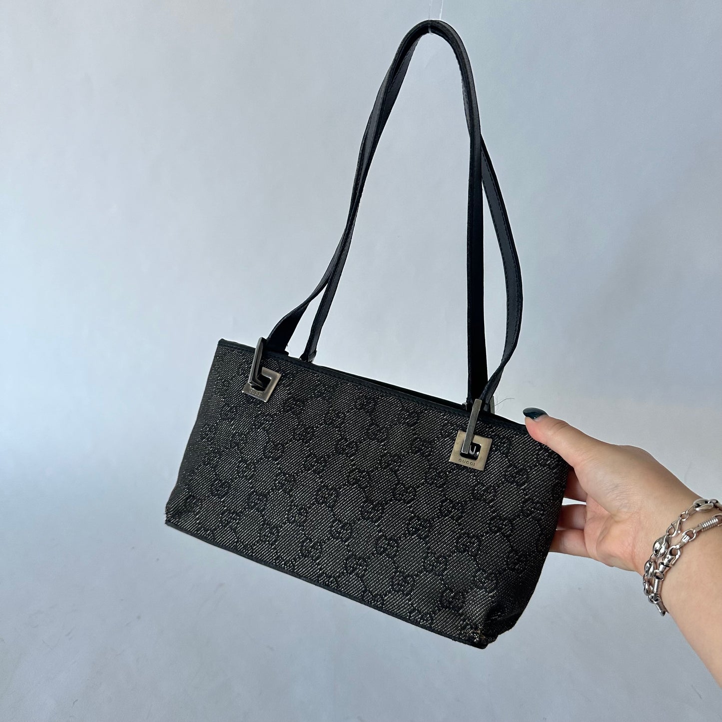 Gucci Black Denim Monogram Shoulder Bag w/ Leather Strap