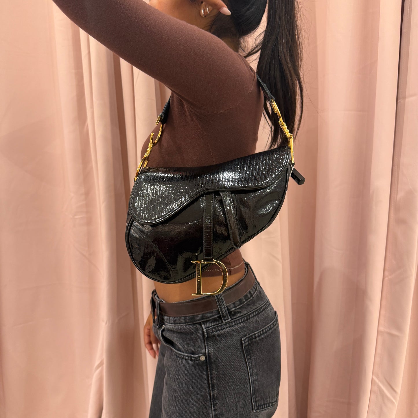 Christian Dior Patent Leather Trotter Monogram Black Saddle Bag w/ Gold Hardware