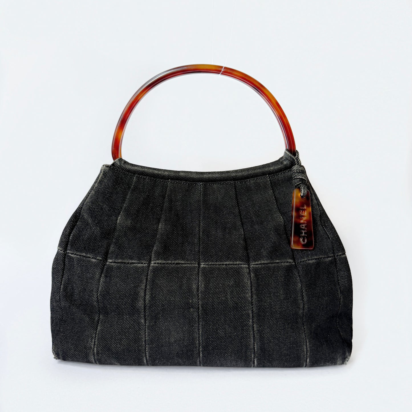 Chanel Black Denim Pleated Tortoise Shell Handle Tote Bag