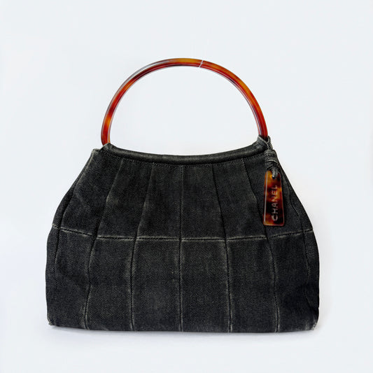 Chanel Black Denim Pleated Tortoise Shell Handle Tote Bag