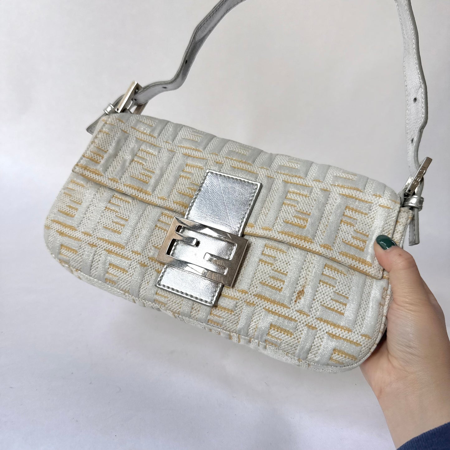 Fendi Cream Metallic Zucca Canvas Baguette Shoulder Bag