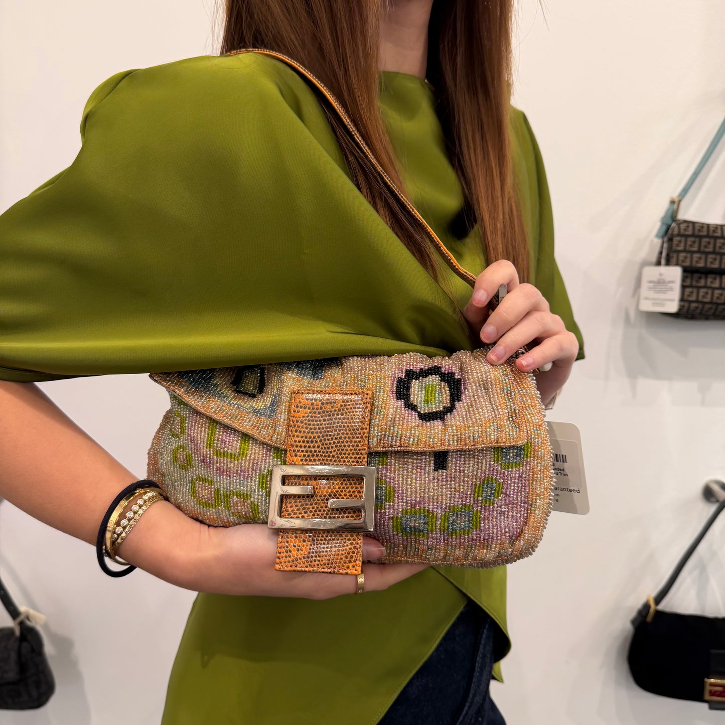 Fendi Ltd Edition Beaded Printed Baguette Lizard Trim