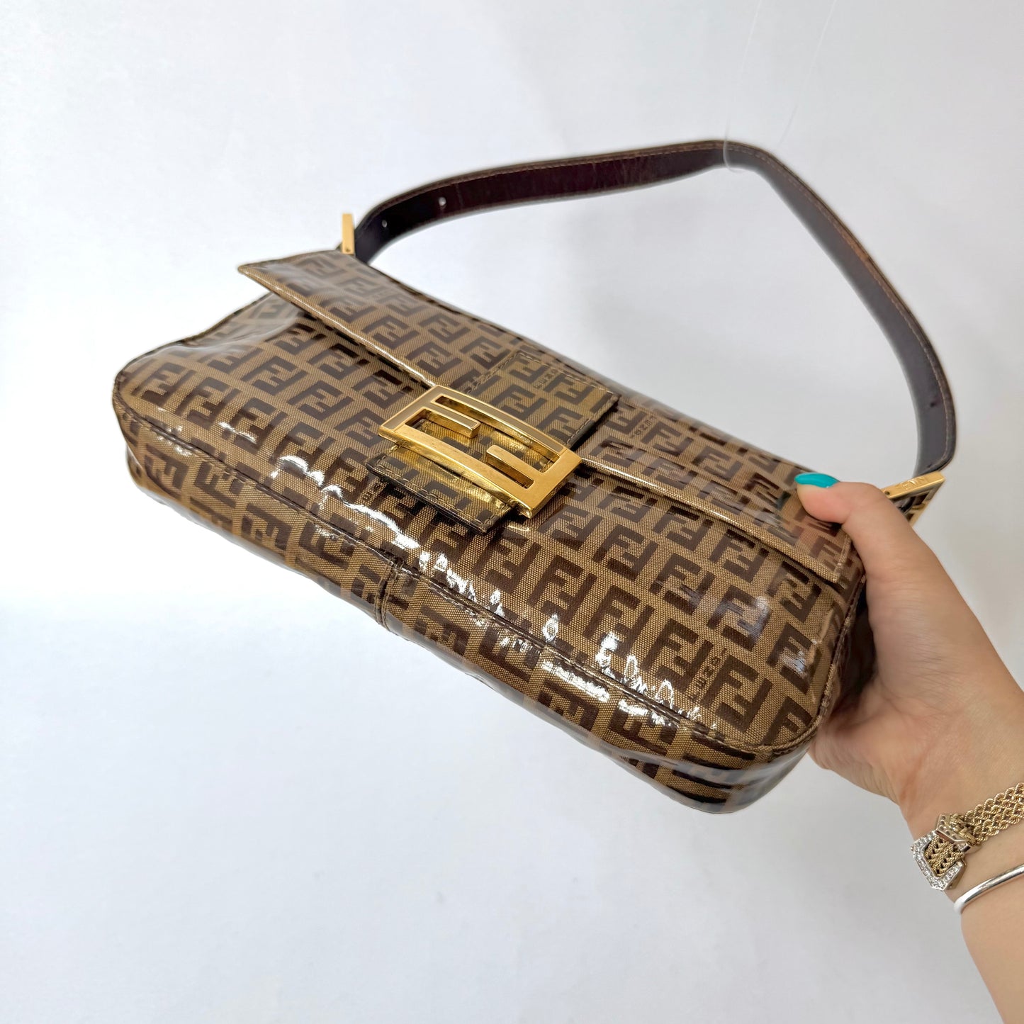 Fendi Brown Zucchino Patent Leather Baguette