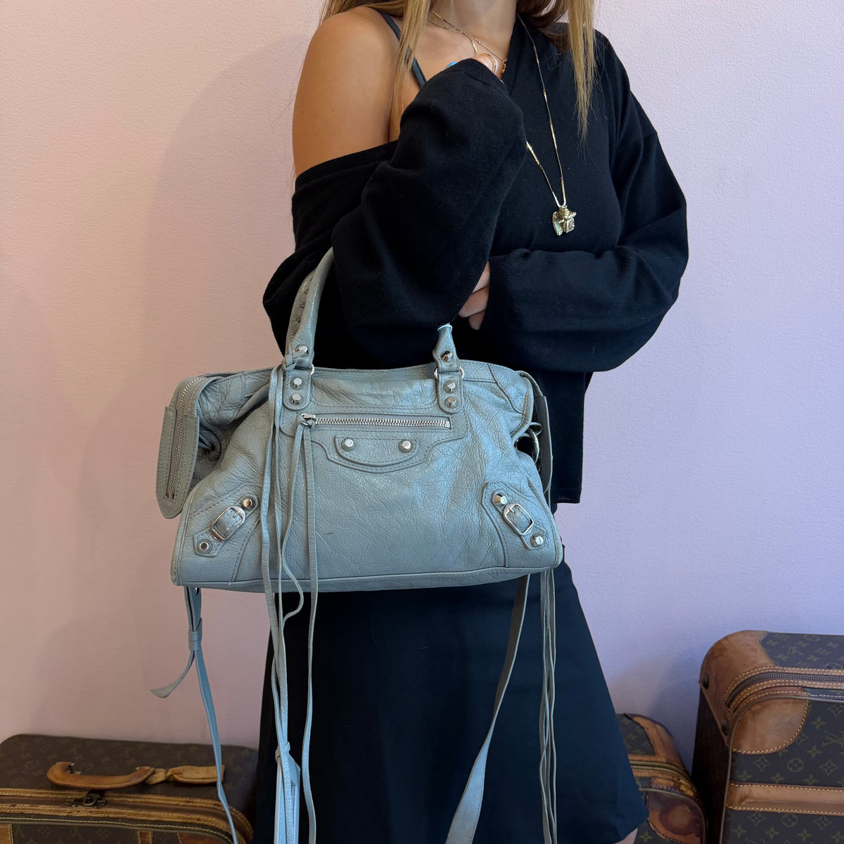 Balenciaga Gray Leather Medium City Bag w/ Silver Hardware