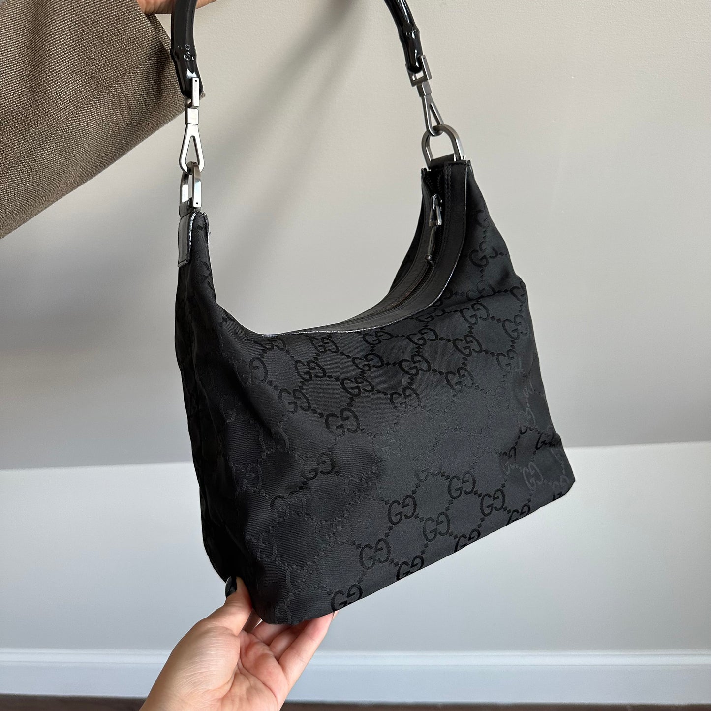 Gucci Black Bamboo Handle Monogram Hobo Bag