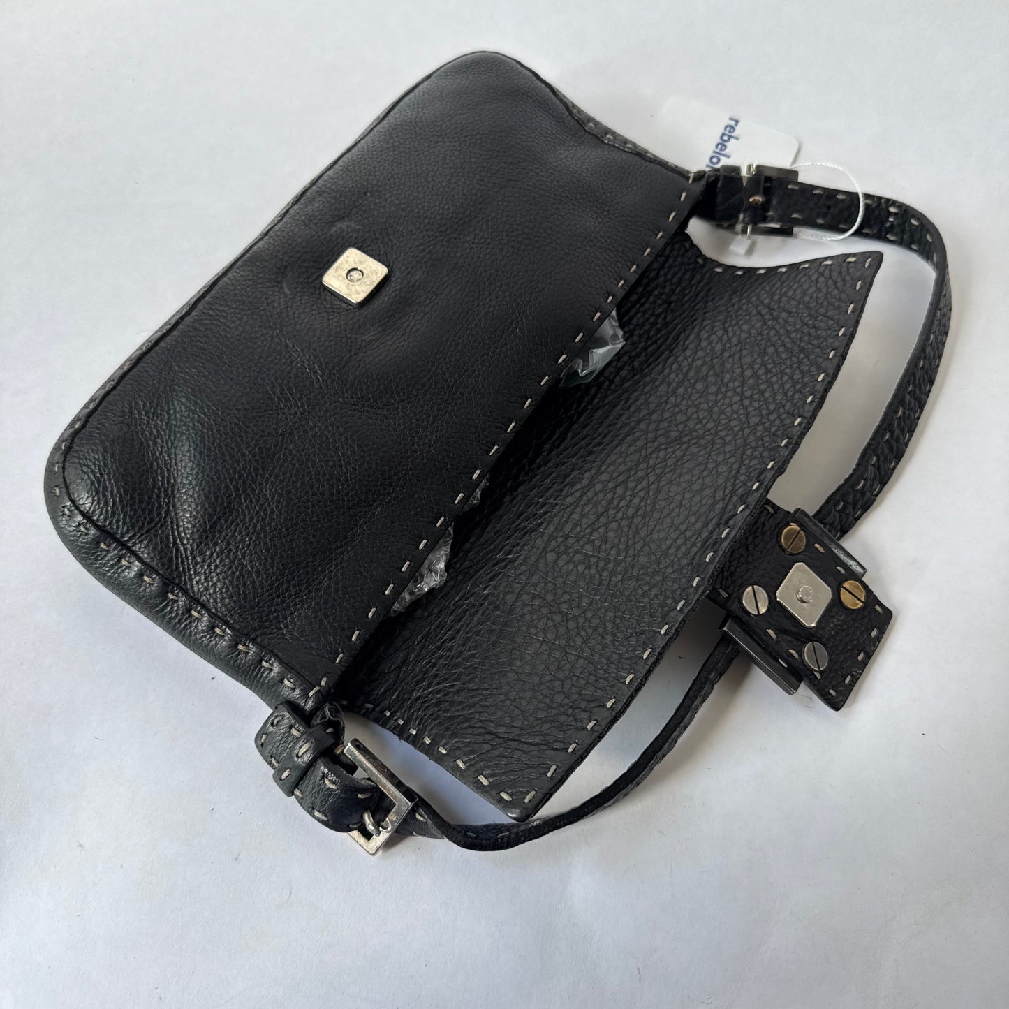 Fendi Black Selleria Leather Stitched Baguette Shoulder Bag