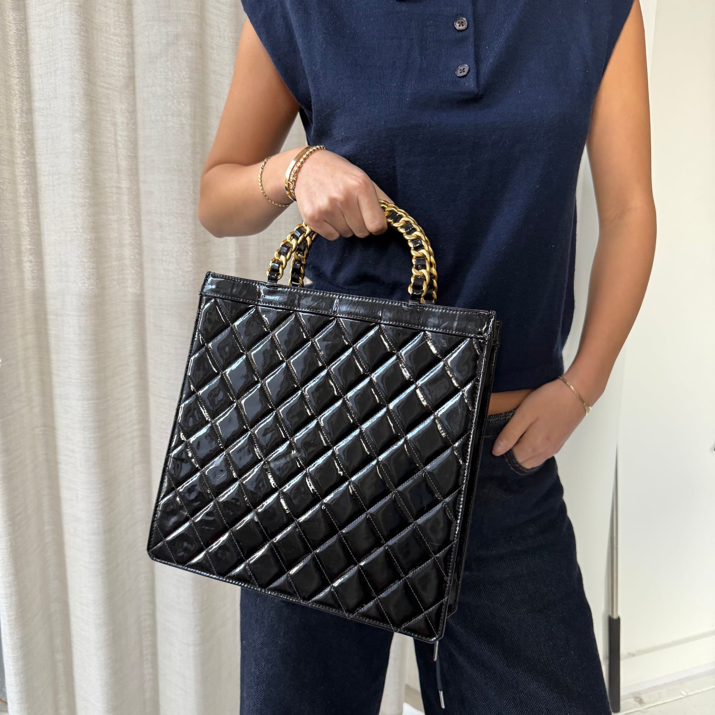 Chanel Black Patent Leather Quilted Top Handle Chain Tote