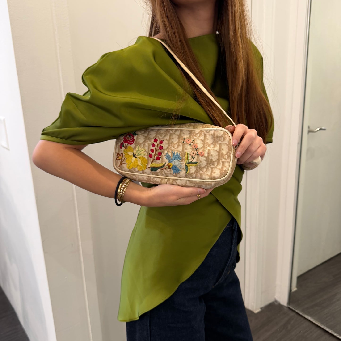 Christian Dior Cream Coated Canvas Floral Embroidered Pochette
