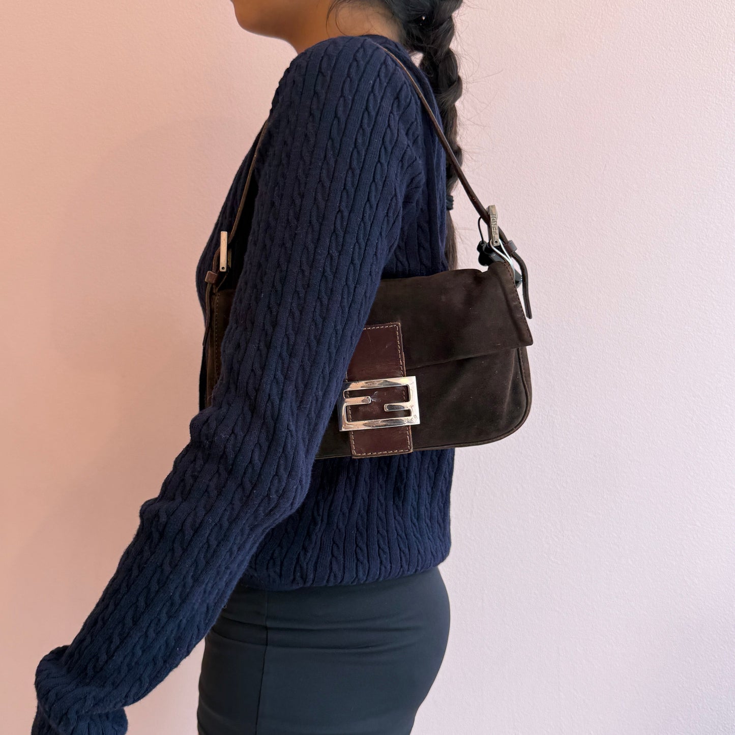 Fendi Brown Suede Baguette Shoulder Bag