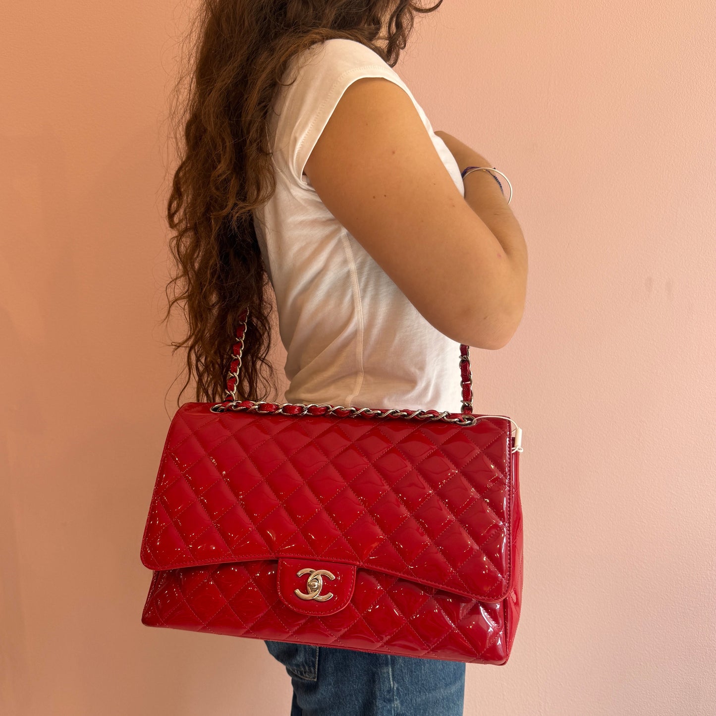 Chanel Red Patent Leather Maxi Flap Bag