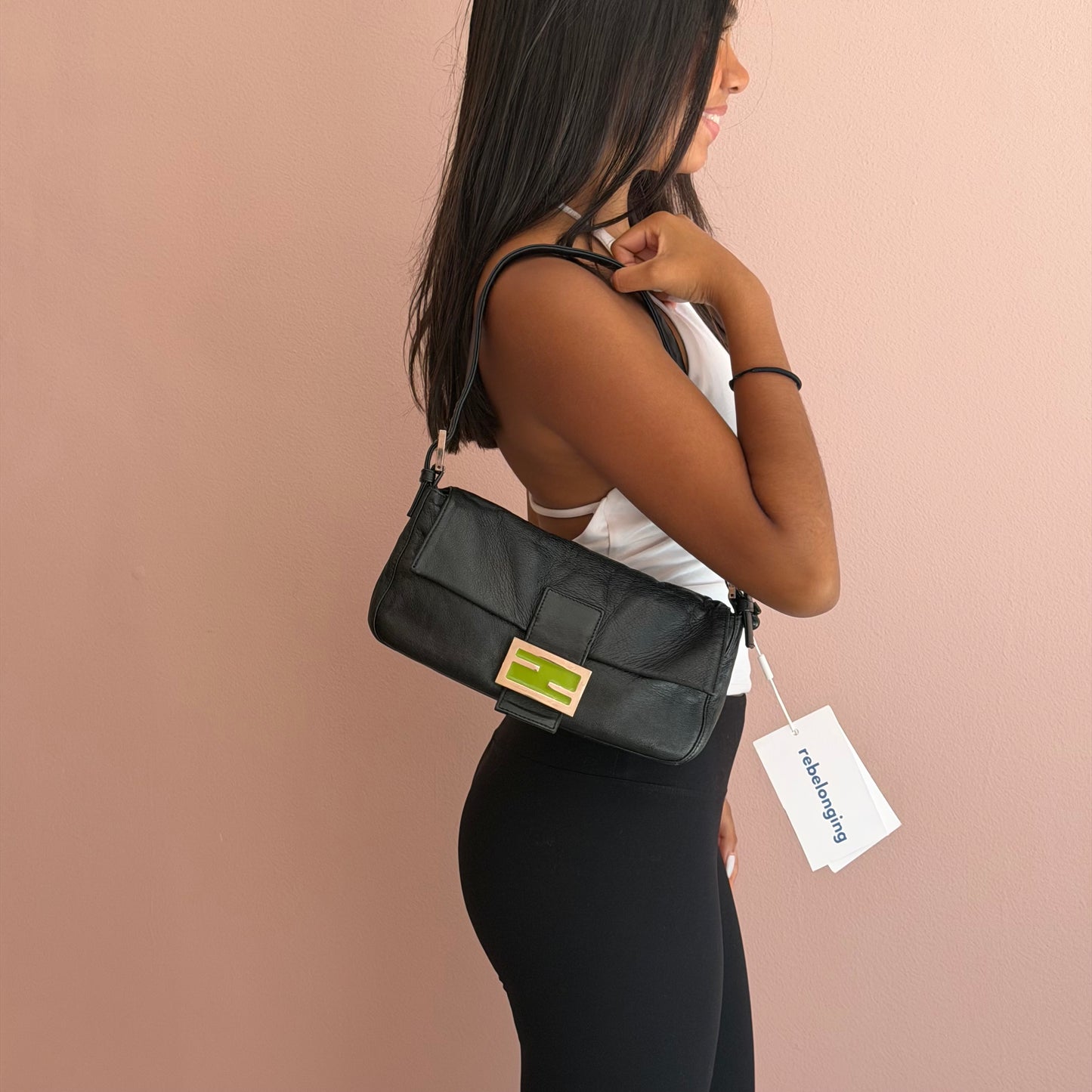Fendi Black & Green Leather Baguette Shoulder Bag SHW
