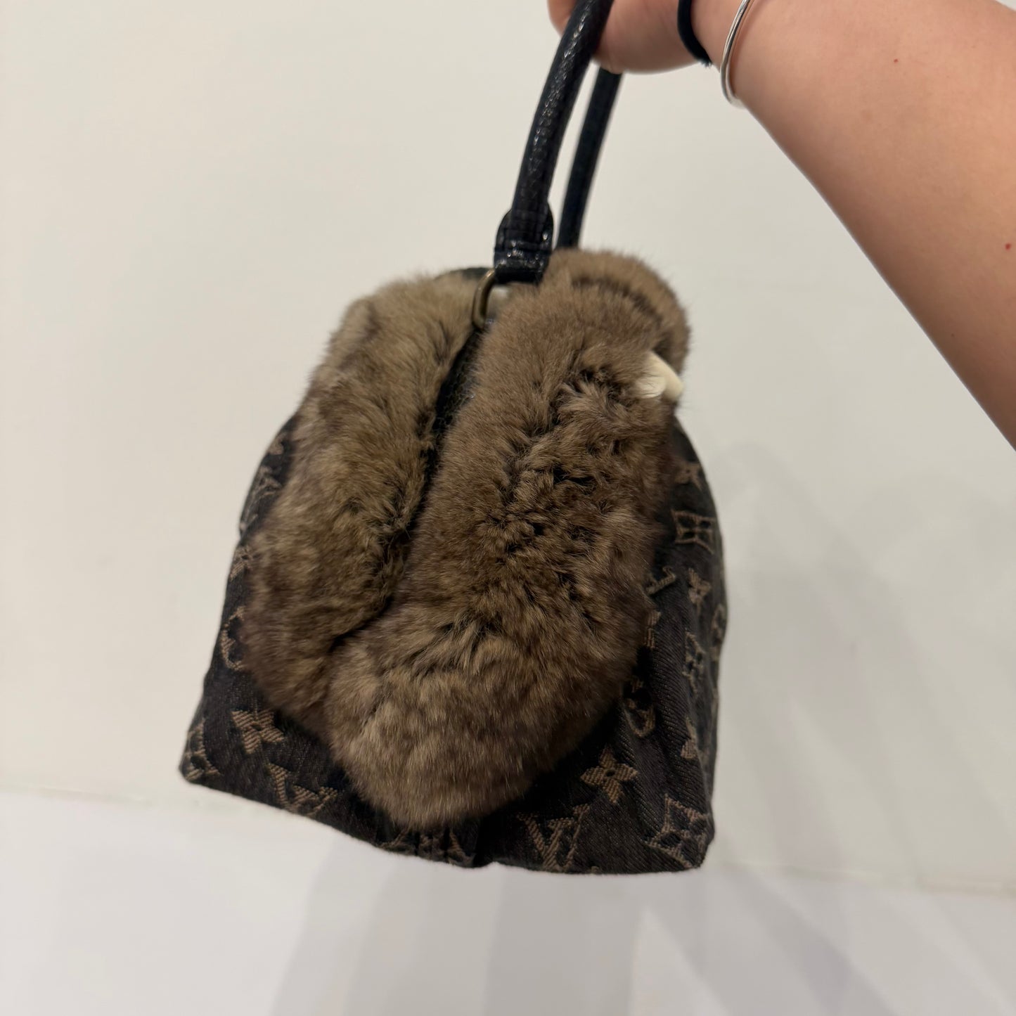 Louis Vuitton Brown Monogram Denim Chinchilla Demi Lune Bowler Bag