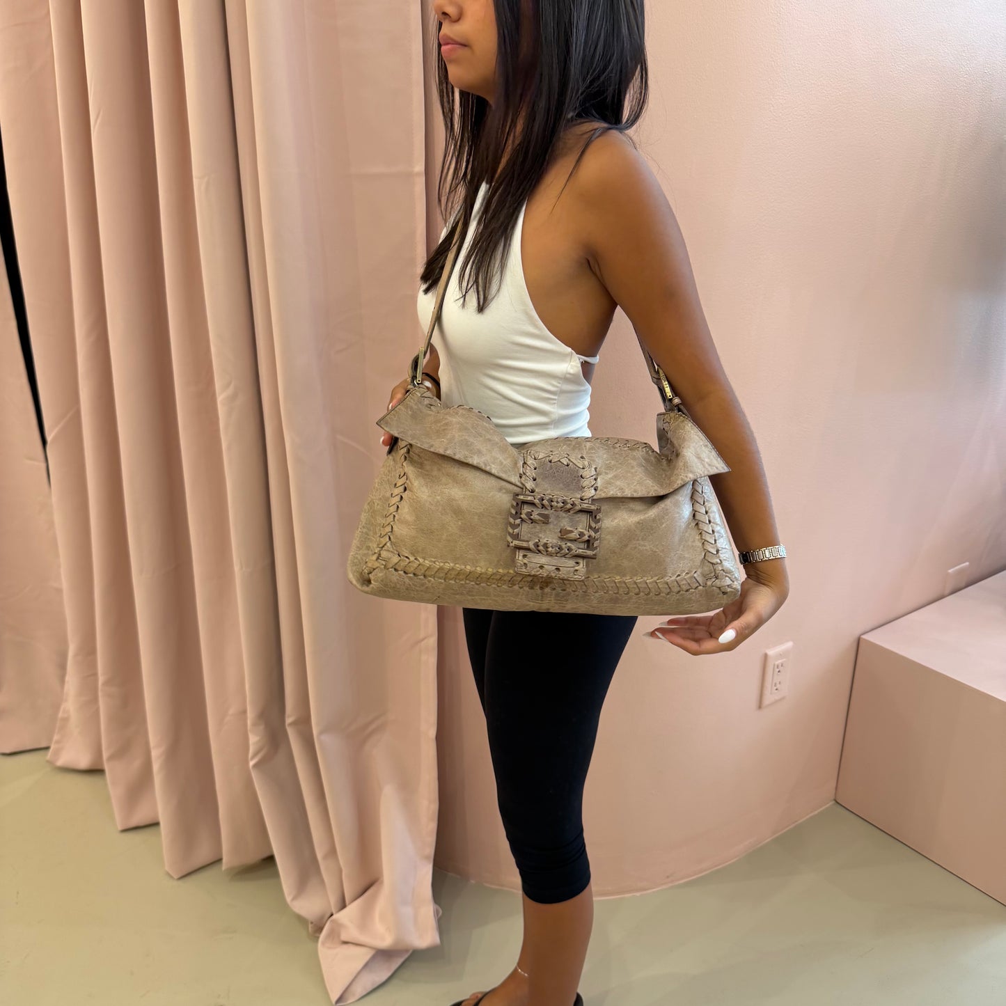 Fendi Beige Leather Maxi Whipstitch Large Baguette Shoulder Bag