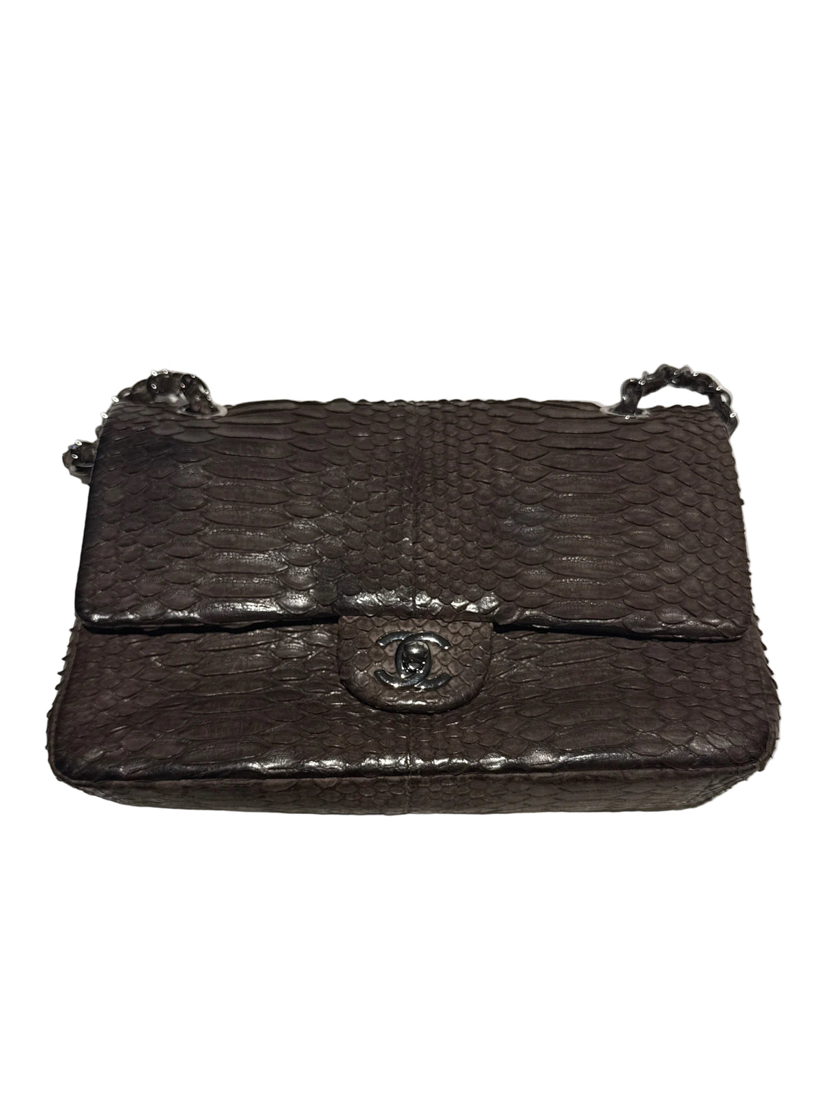 Chanel Chocolate Brown Python Medium Double Flap