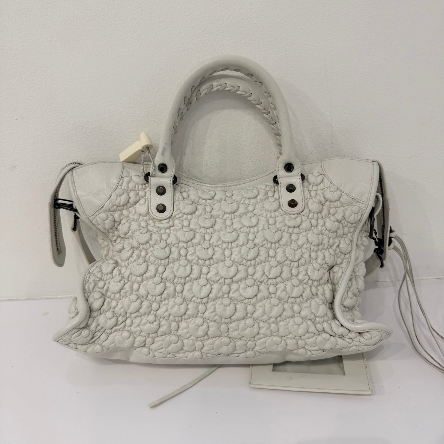 RARE Balenciaga White Leather Bubble Quilted City Bag
