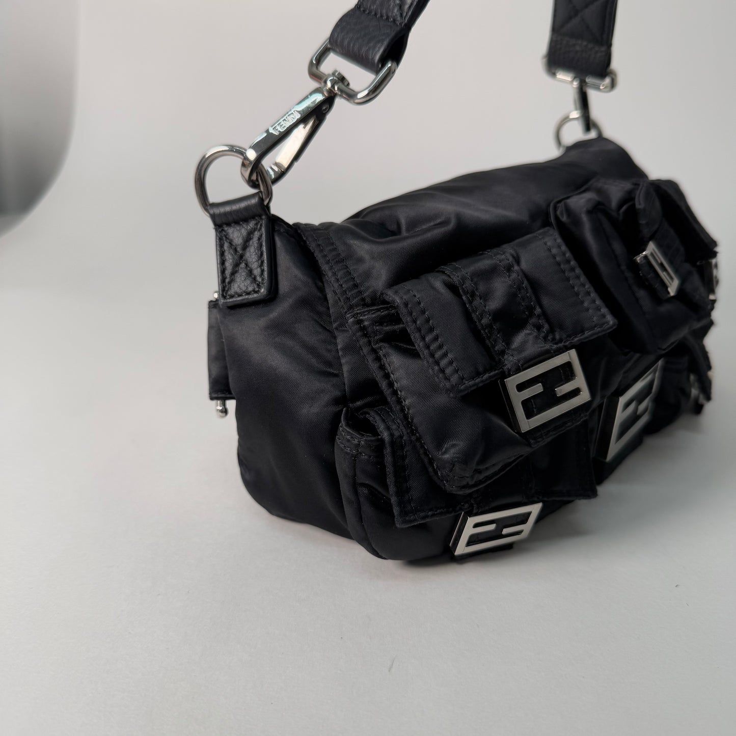 Fendi AW22 Multi Pocket Black Nylon Baguette