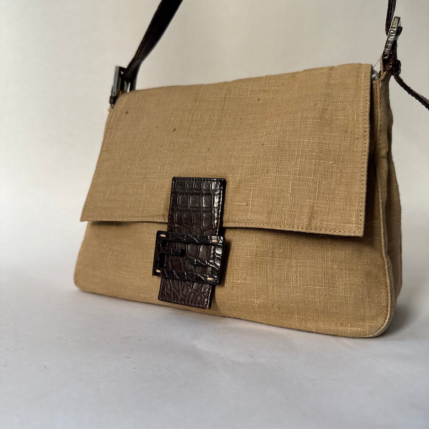 Fendi Brown Crocodile Leather Rafia Linen Mamma Baguette