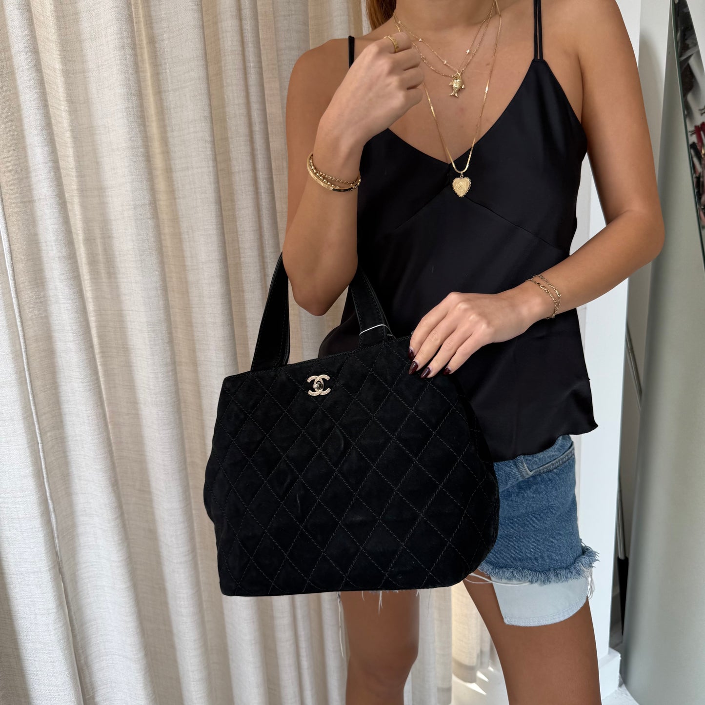 Chanel Black Suede Quilted Tote Bag