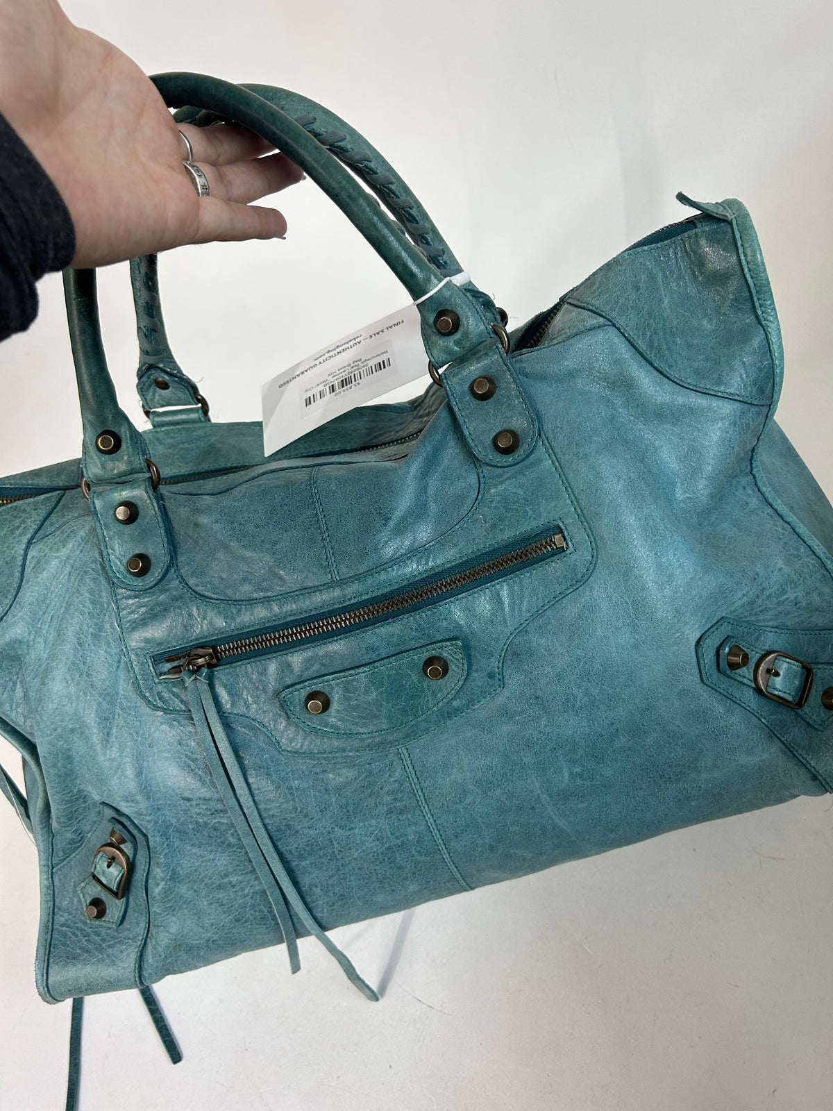 Balenciaga Teal Leather "Work" City Bag Brass HW
