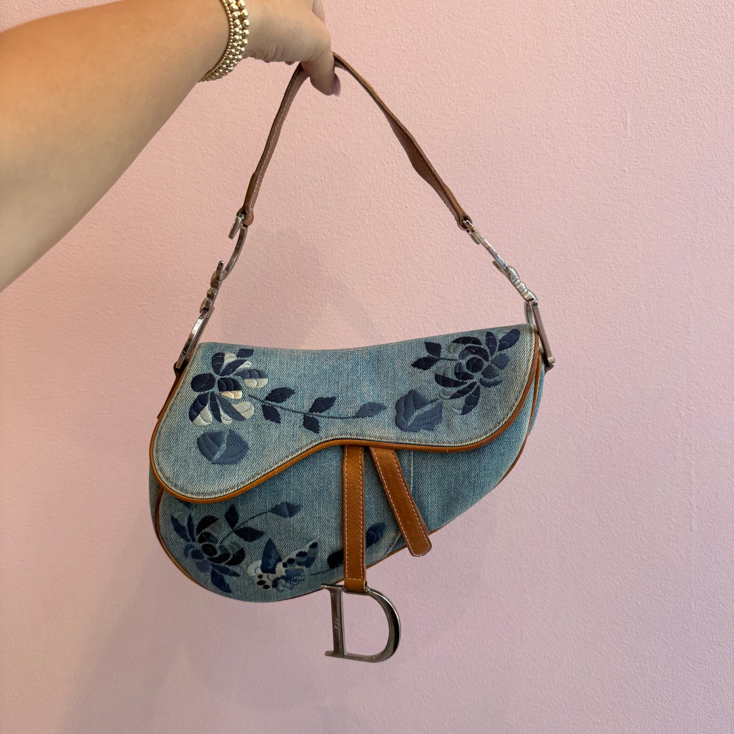 RARE Christian Dior Denim Embroidered Saddle Bag