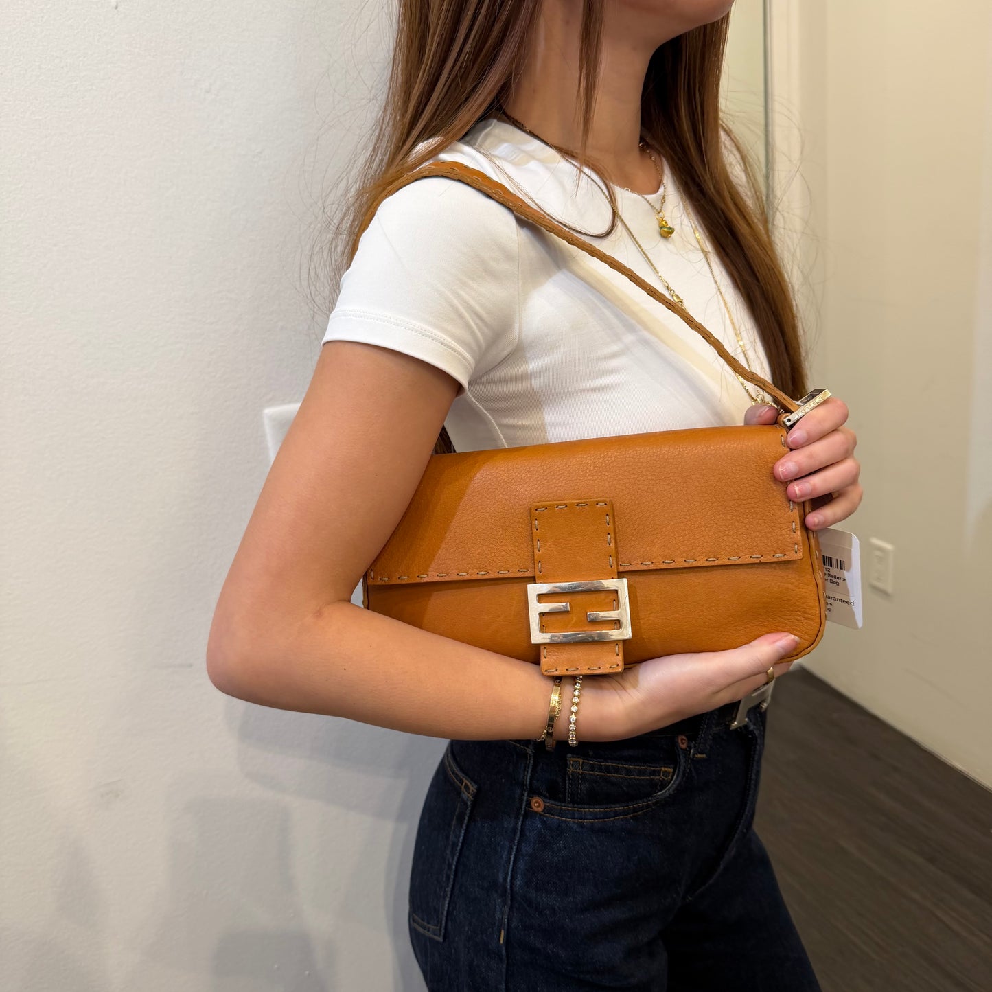 Fendi Brown Selleria Sterling Silver Hardware Baguette Bag