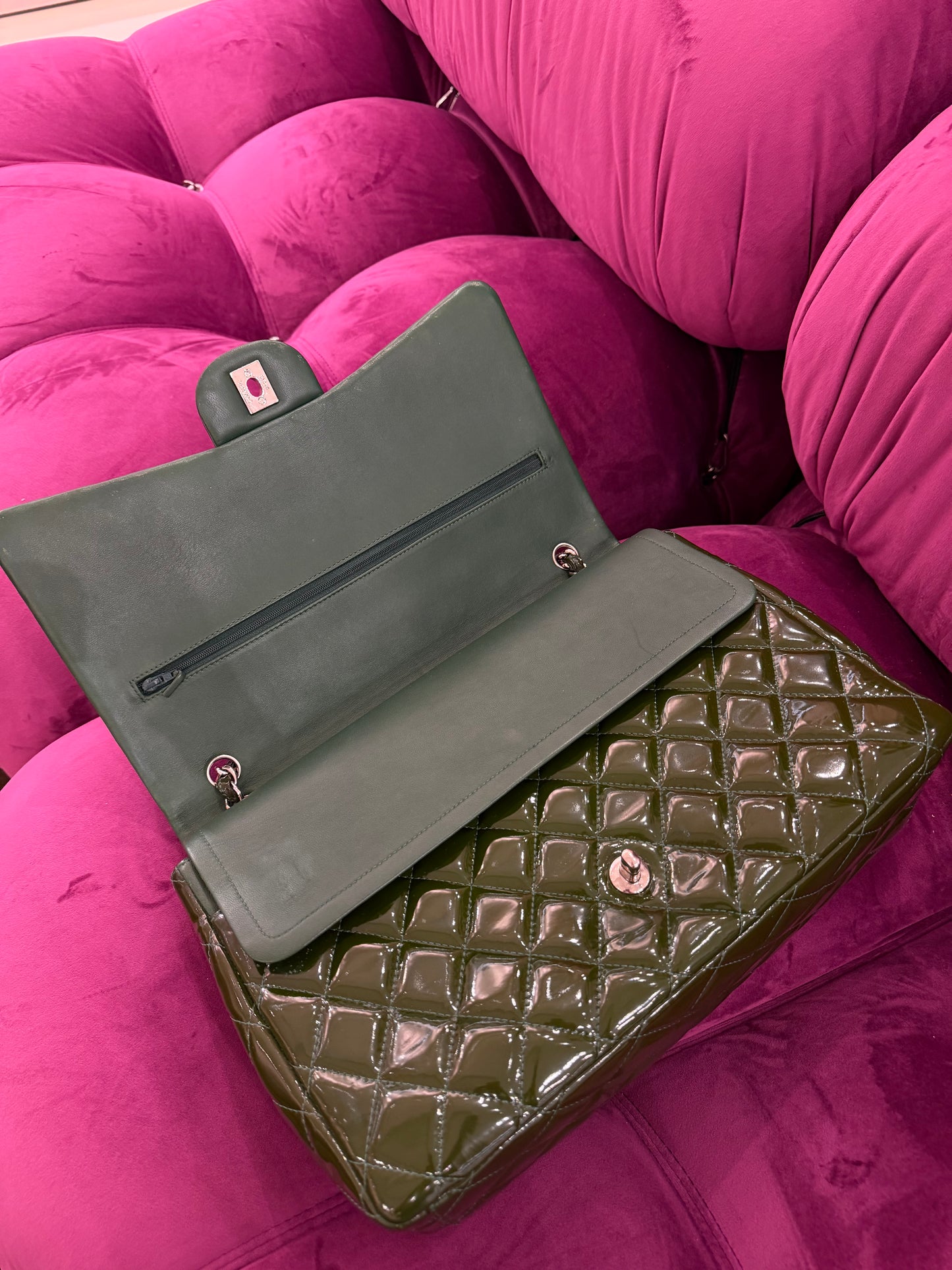 Chanel Green Patent Leather Maxi Classic Double Flap Bag