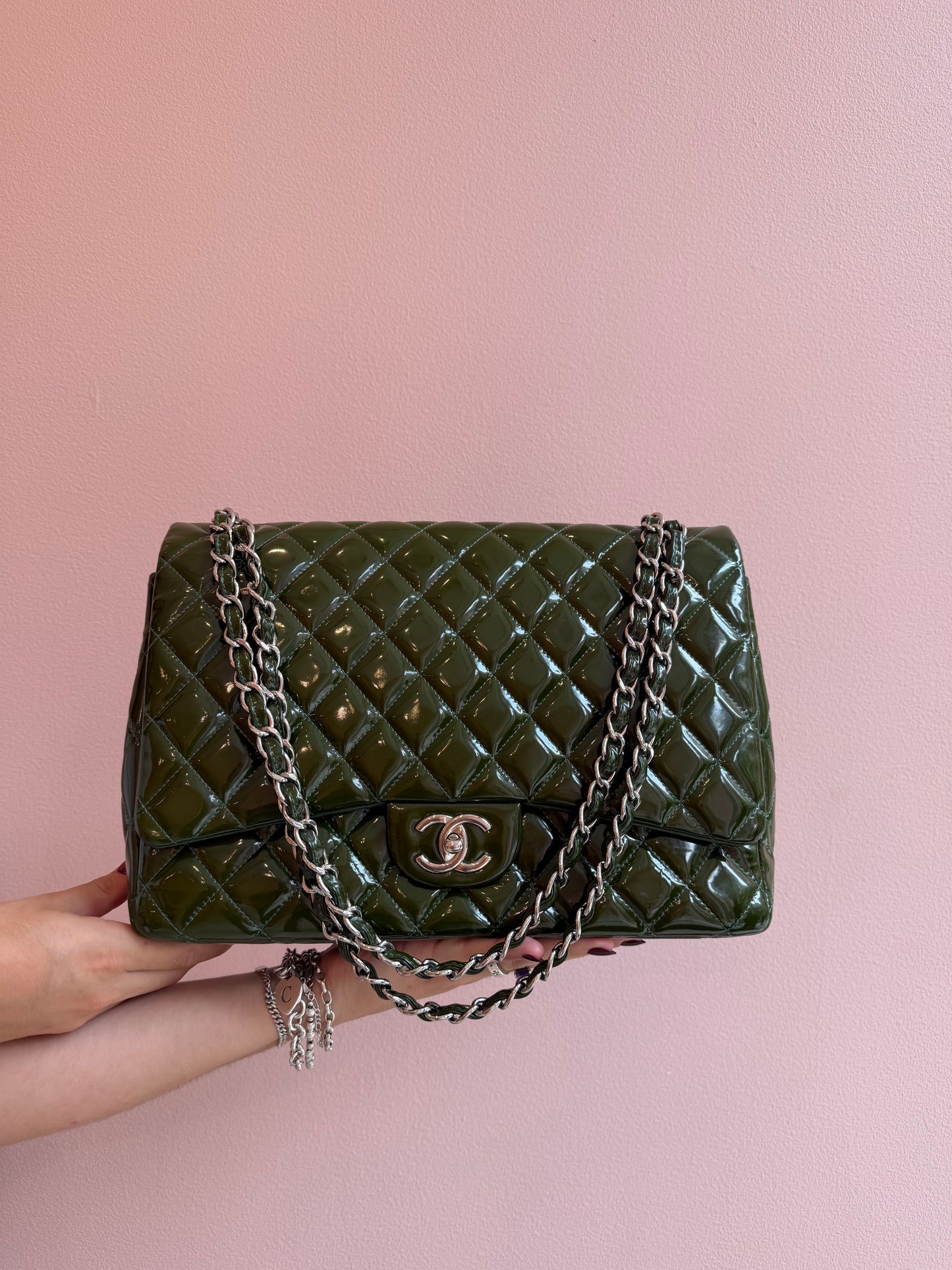Chanel Green Patent Leather Maxi Classic Double Flap Bag