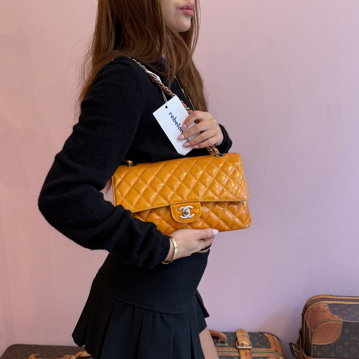 Chanel Orange Patent Leather Quilted Matelasse Double Flap Shoulder Bag