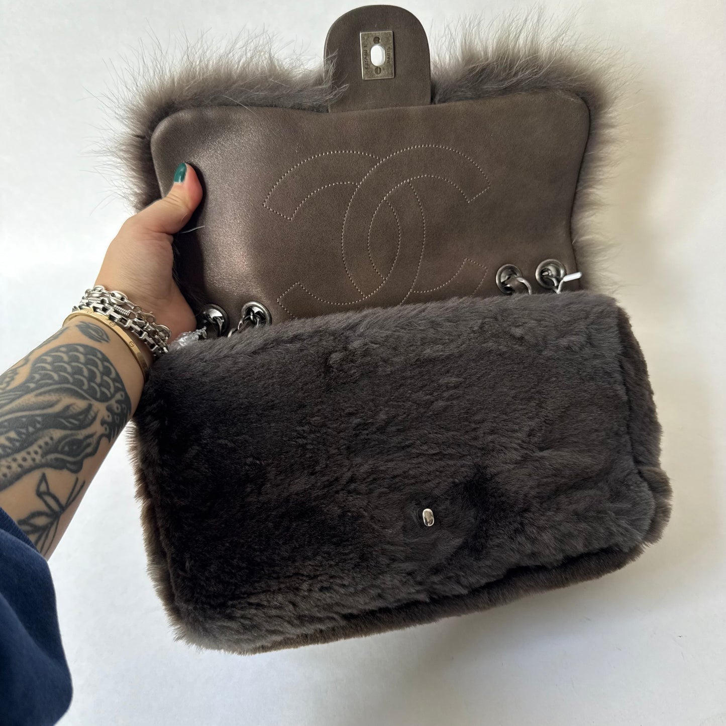 Chanel 2013 Green Ombre Fur Single Large Flap