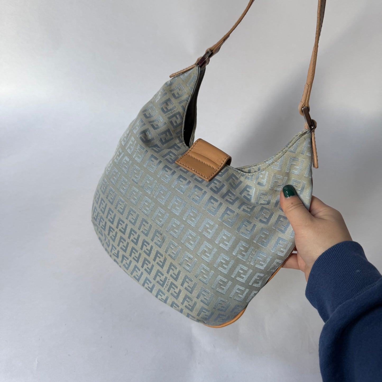 Fendi Blue Canvas Zucchino Baguette Hobo Bag