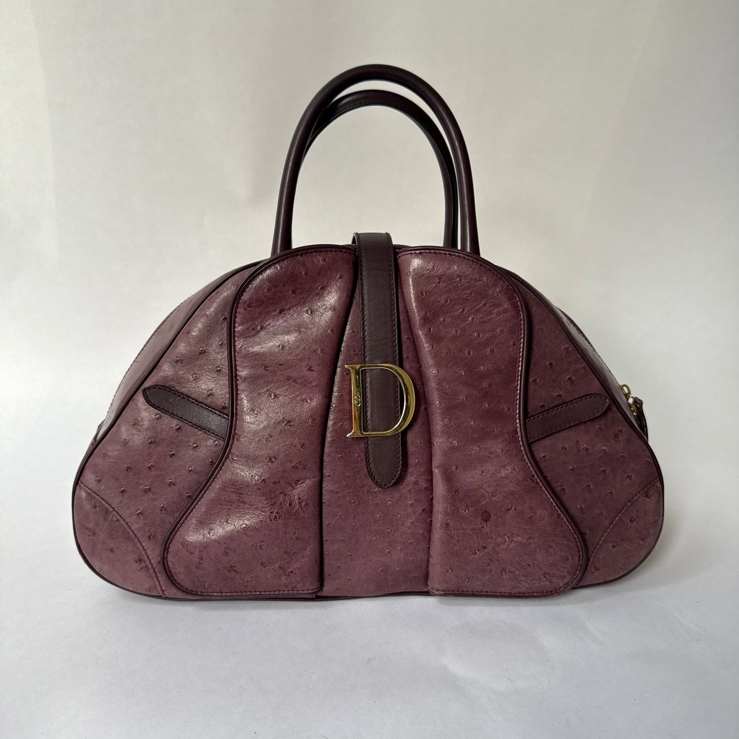 Christian Dior Large Purple Ostrich Double Saddle Bowler Bag