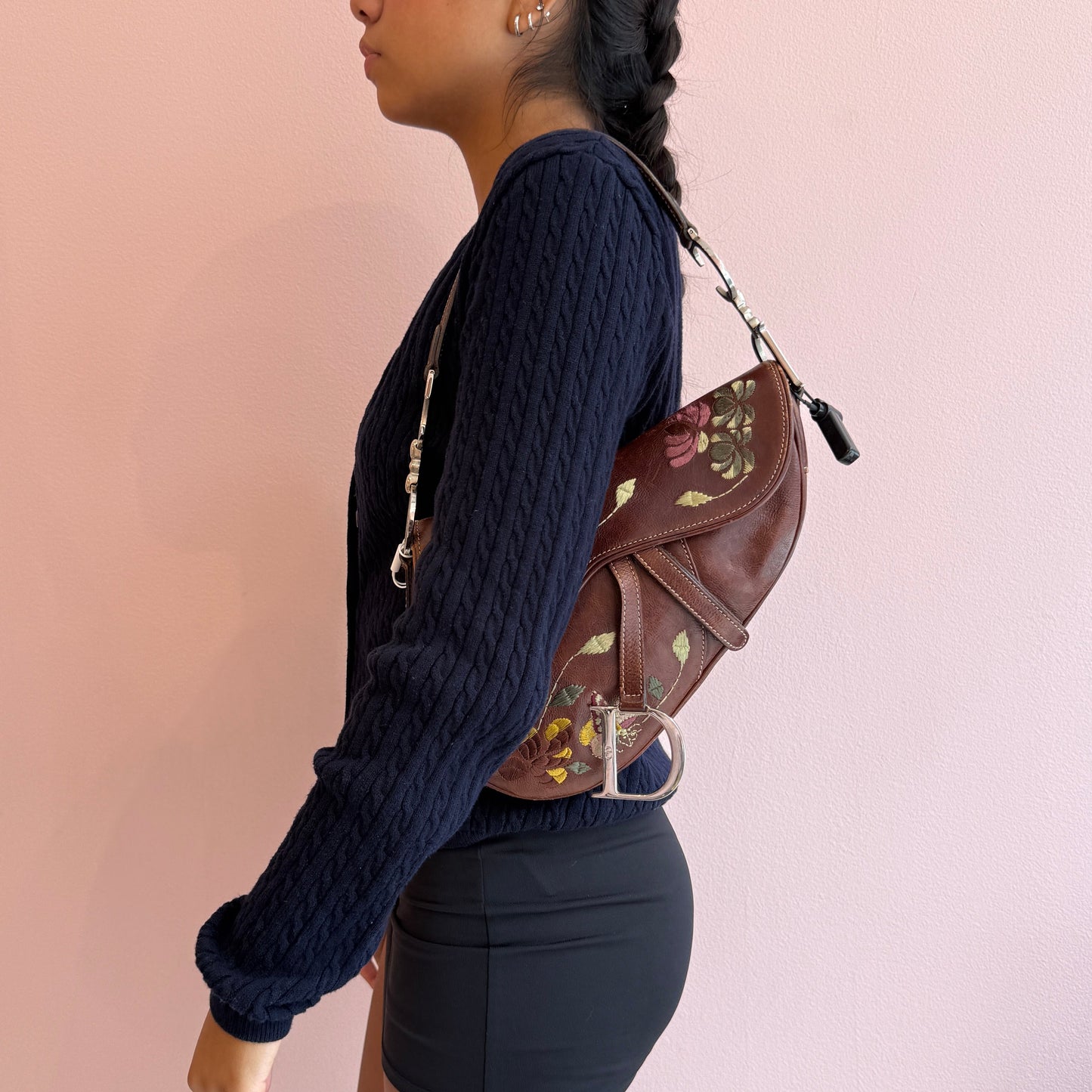 RARE Christian Dior Brown Leather Floral Embroidered Saddle Bag