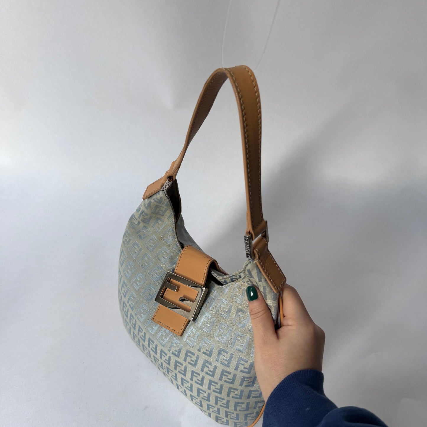 Fendi Blue Canvas Zucchino Baguette Hobo Bag