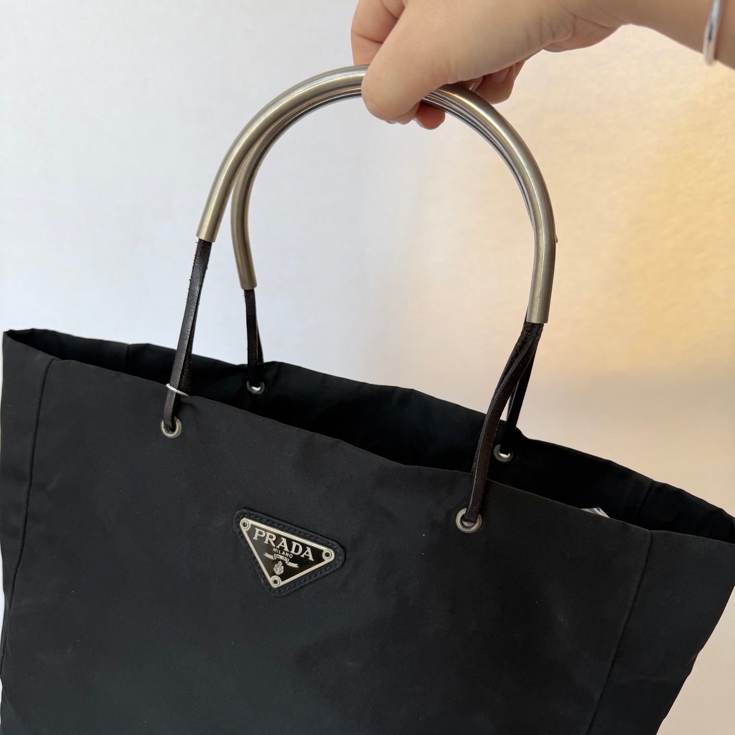 Prada Black Nylon Metal Handle Tote Bag