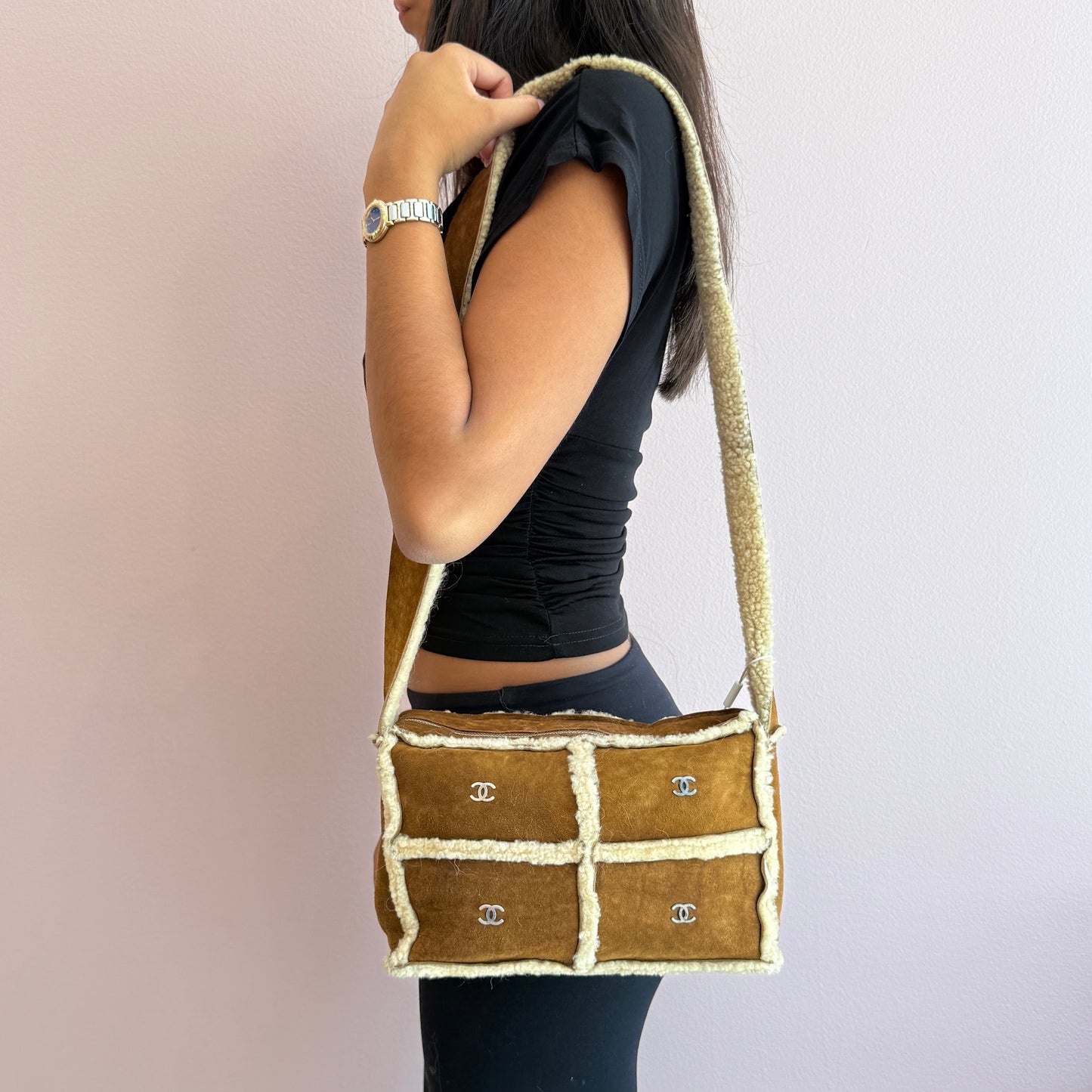Chanel Brown Sheepskin Sherpa Crossbody Bag