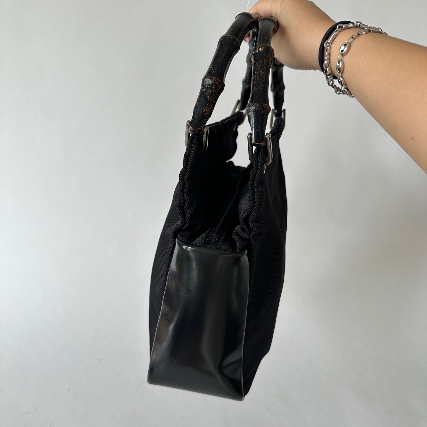 Gucci Black Nylon & Leather Bamboo Tote