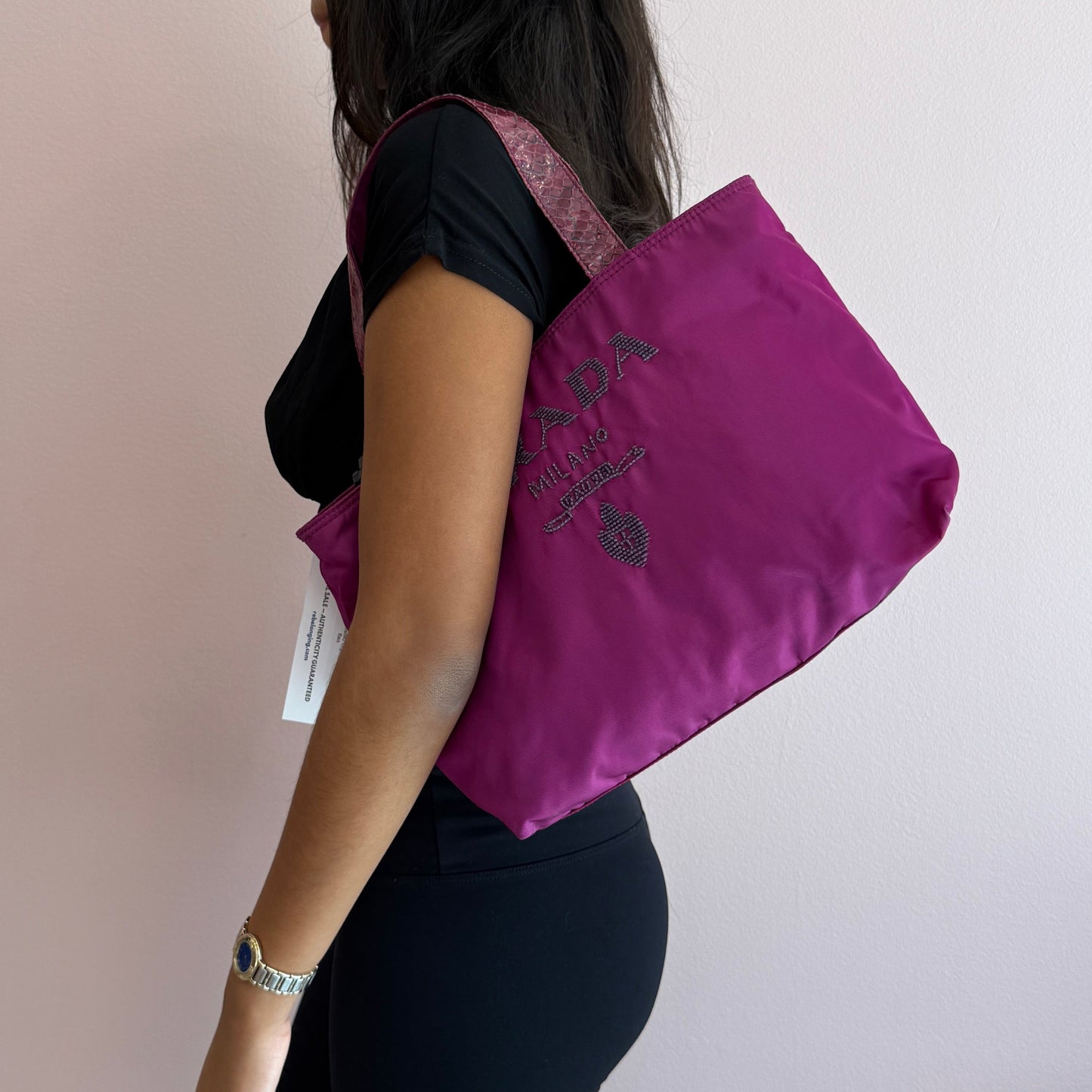 RARE Prada Purple Nylon & Snakeskin Beaded Logo Small Tote Bag