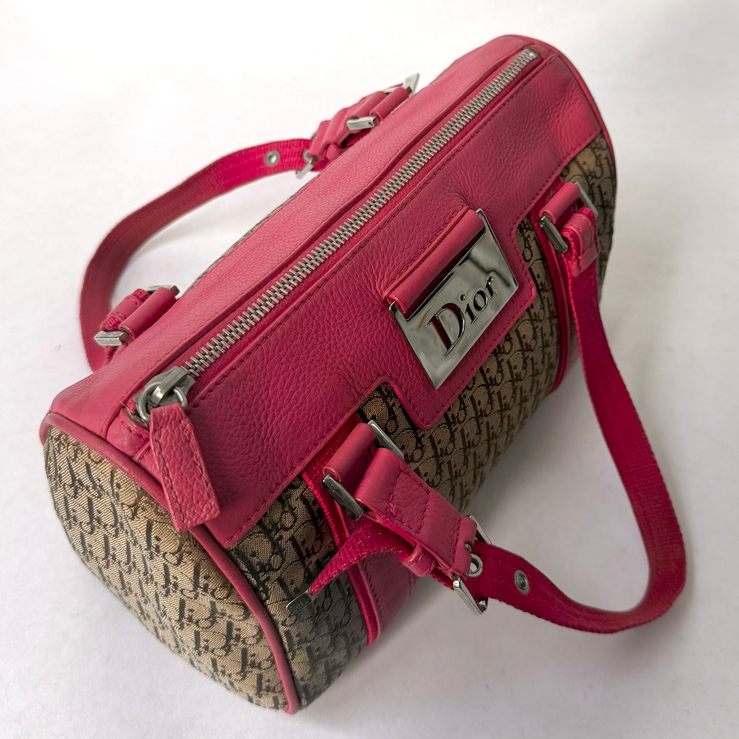 Christian Dior Brown & Pink Canvas & Leather Boston Bag
