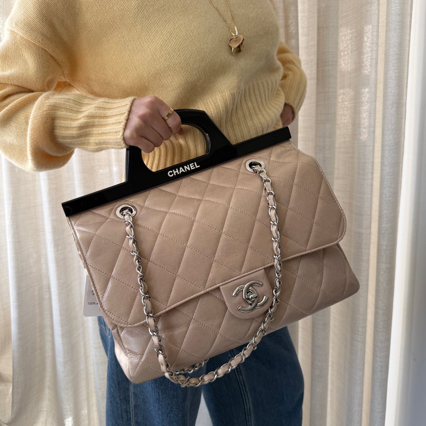 Chanel 2014 Beige Lambskin Quilted Acrylic Handle Delivery Flap